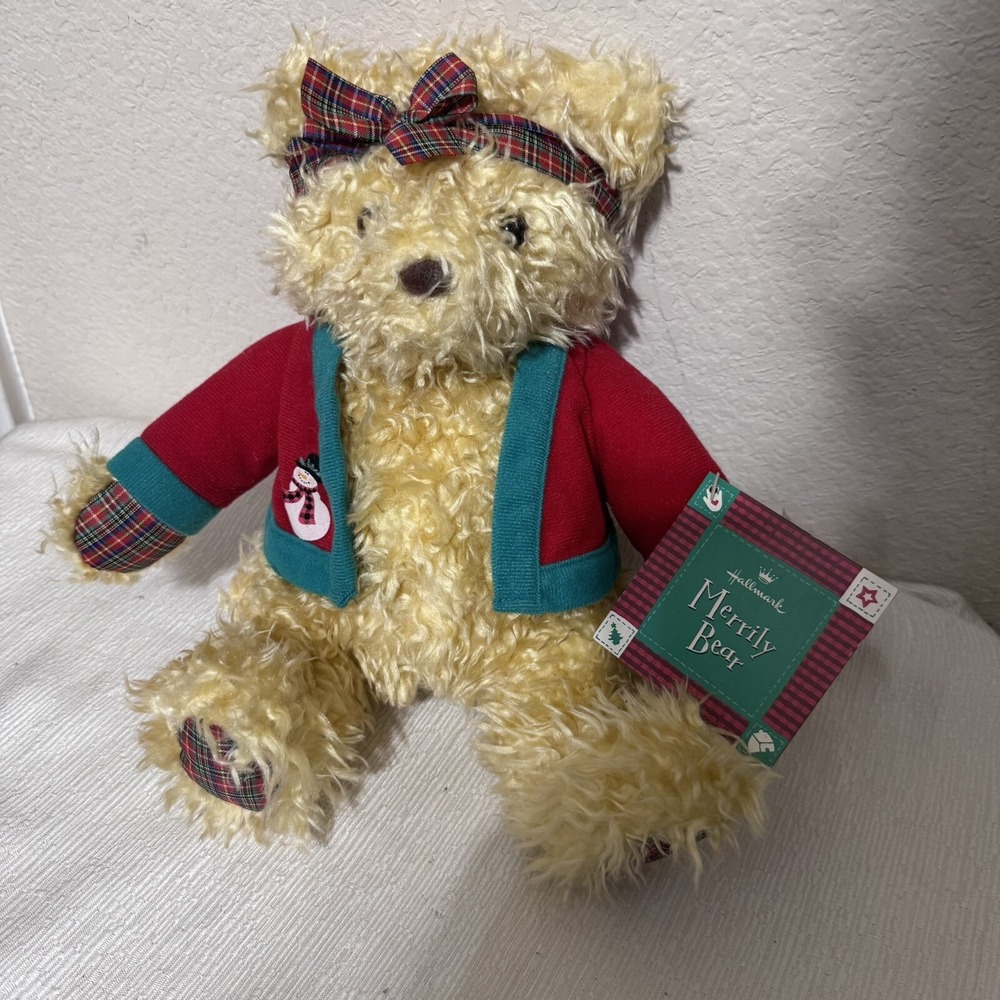 Hallmark Merrily Bear Plush Holiday Teddy Bear Red Cardigan Snowman NWT XPF3404